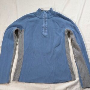 Y2K City Girl DKNY Quarter Zip Sweater Blue Grey Colorblock Ribbed Knit Large
